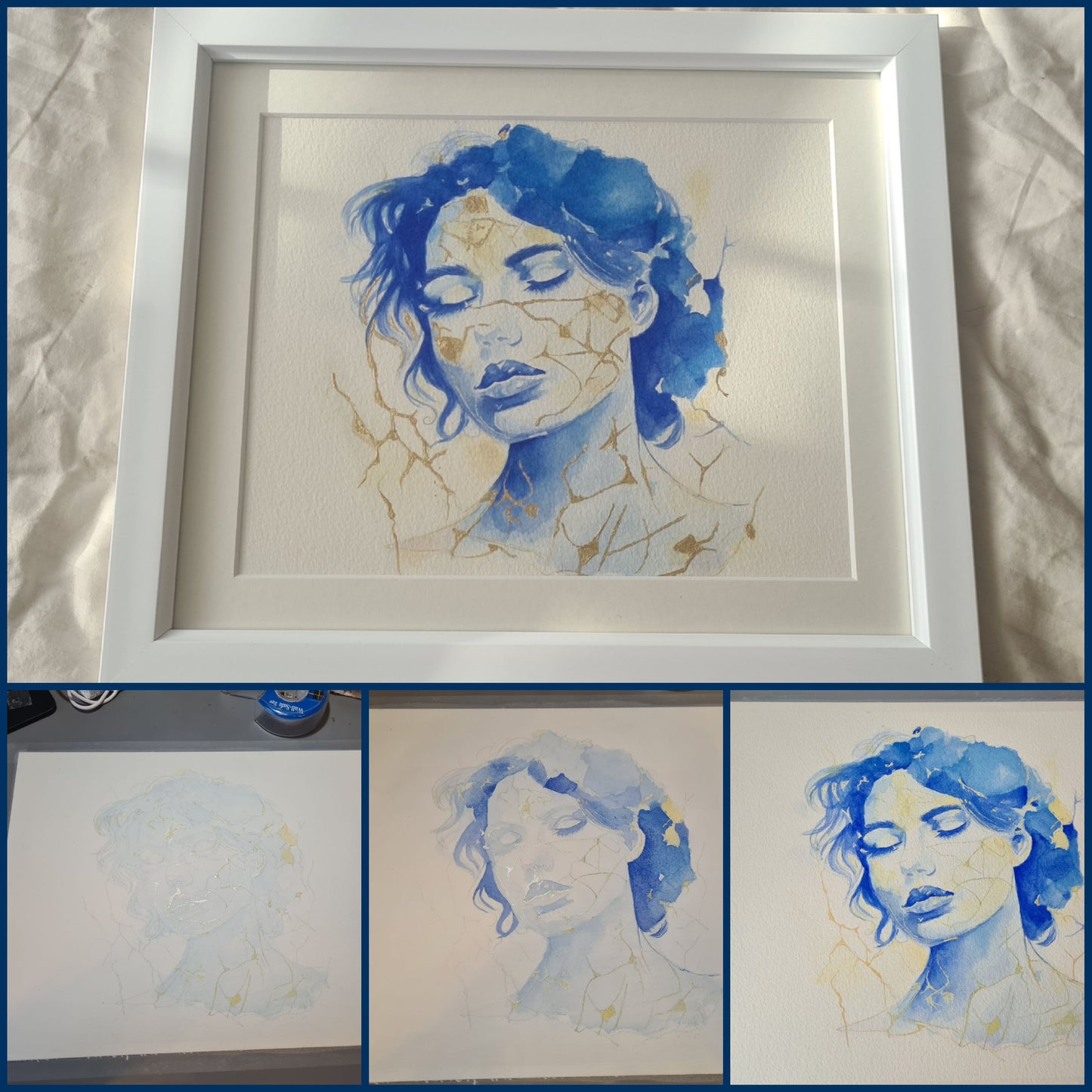 "Kintsugi" Inspired Watercolour Print with hand gilded Gold Leaf - "Portrait of a Woman"