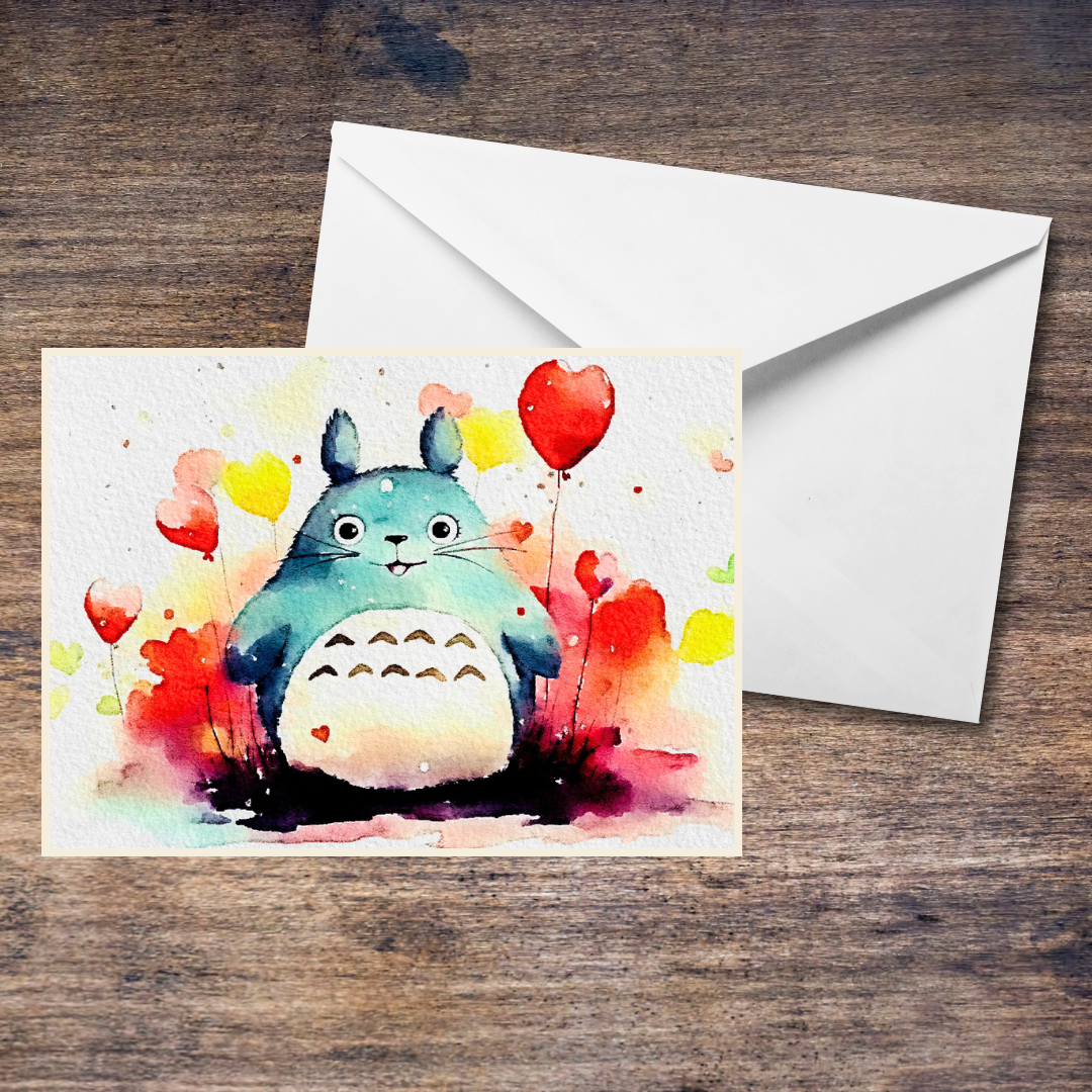 "Totoro" Love Heart Blank Greetings Card - Watercolour. Customisable. Valentine's Day. Birthday. Any Occasion. Studio Ghibli Fan Art