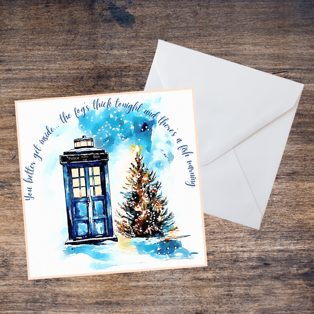 Watercolour Merry Christmas Blank Greetings Card - Dr Who Inspired, Whovian, Fan Art