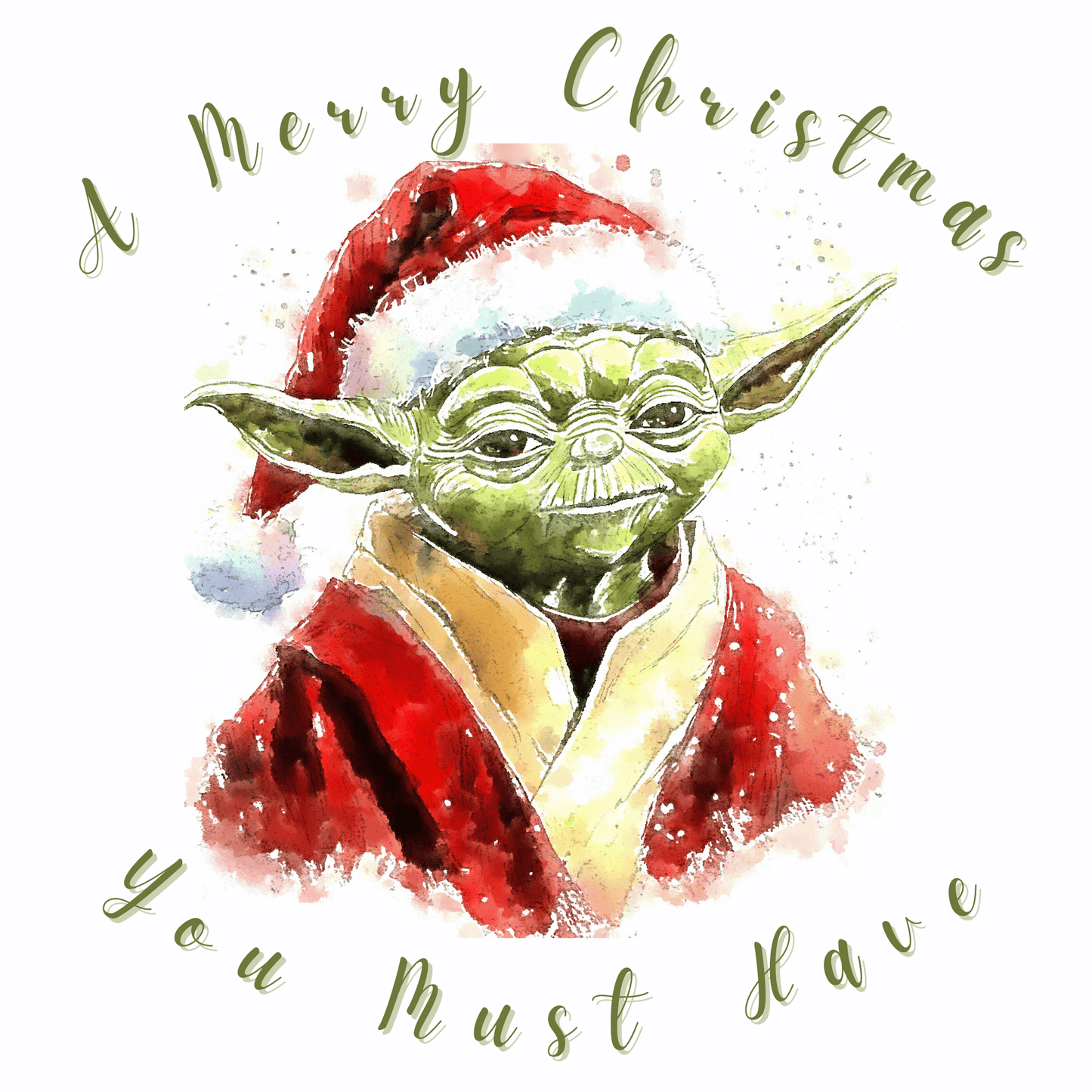 Watercolour Merry Christmas Blank Greetings Card - Star Wars Inspired, Yoda, Fan Art
