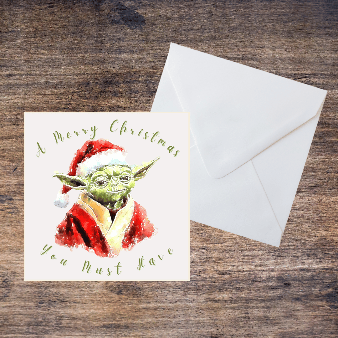 Watercolour Merry Christmas Blank Greetings Card - Star Wars Inspired, Yoda, Fan Art