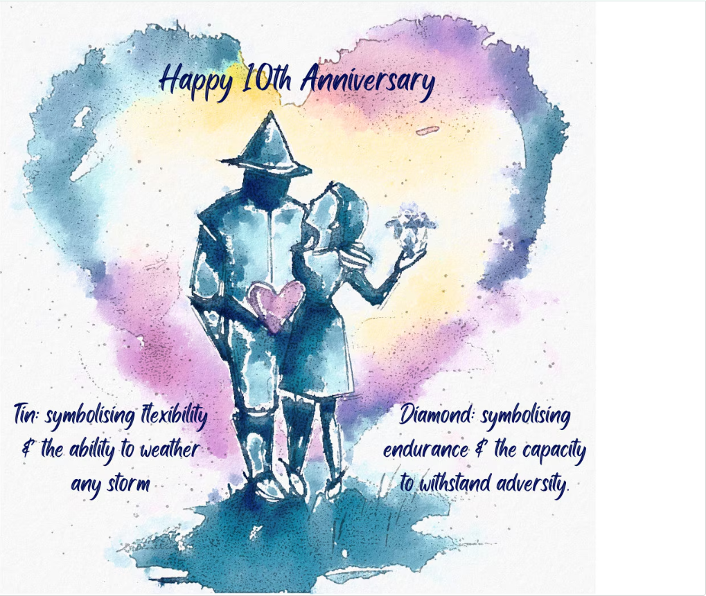 10th Anniversary, Tin/Diamond Anniversary Original Watercolour, Hand Painted - Blank Greetings Card