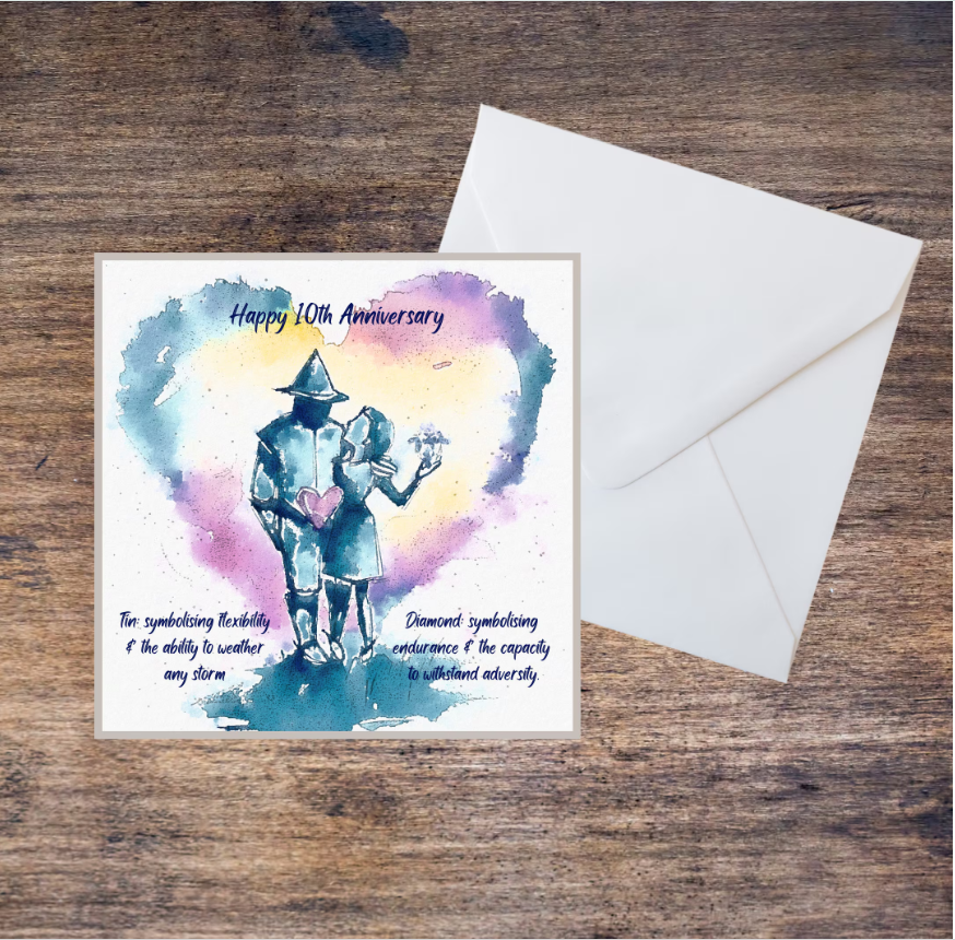 10th Anniversary, Tin/Diamond Anniversary Original Watercolour, Hand Painted - Blank Greetings Card