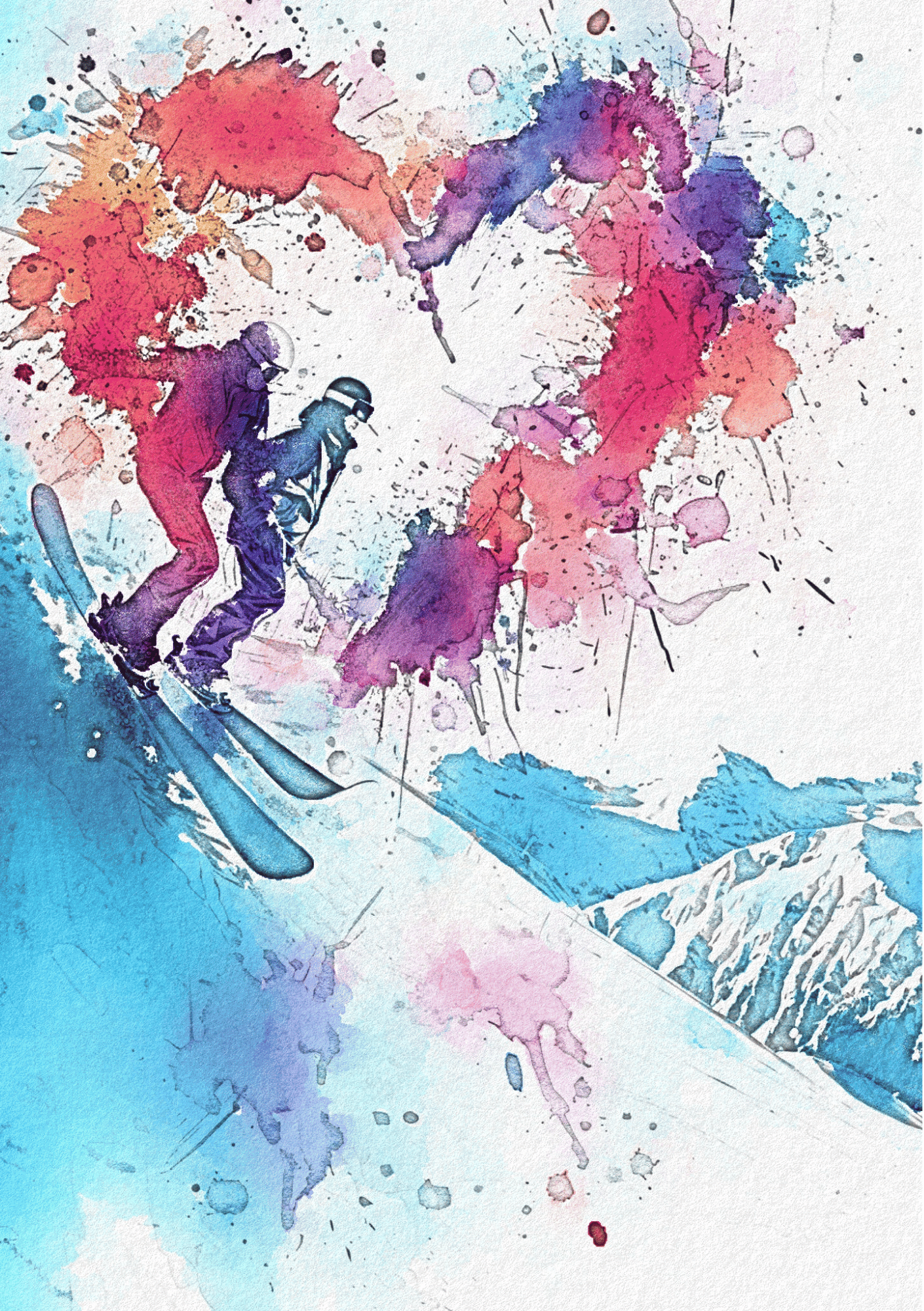 Snowboarding Couple - Mountains, Winter Sports, Watercolour Greeting Card