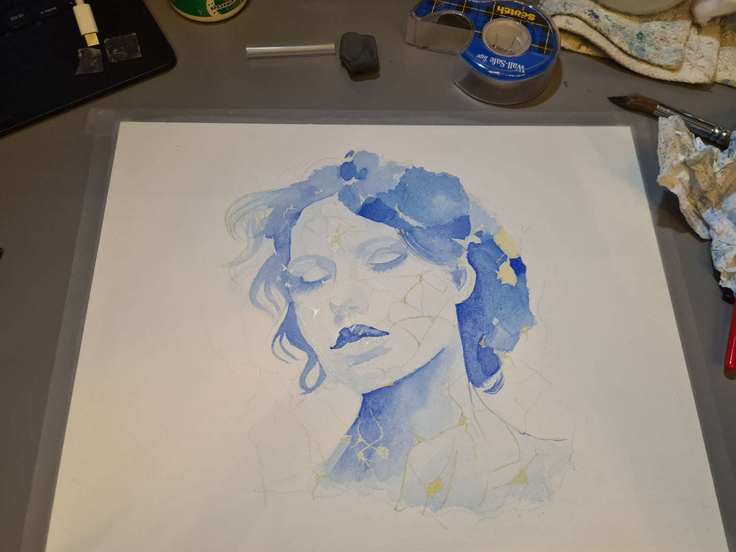 "Kintsugi" Inspired Watercolour Print with hand gilded Gold Leaf - "Portrait of a Woman"
