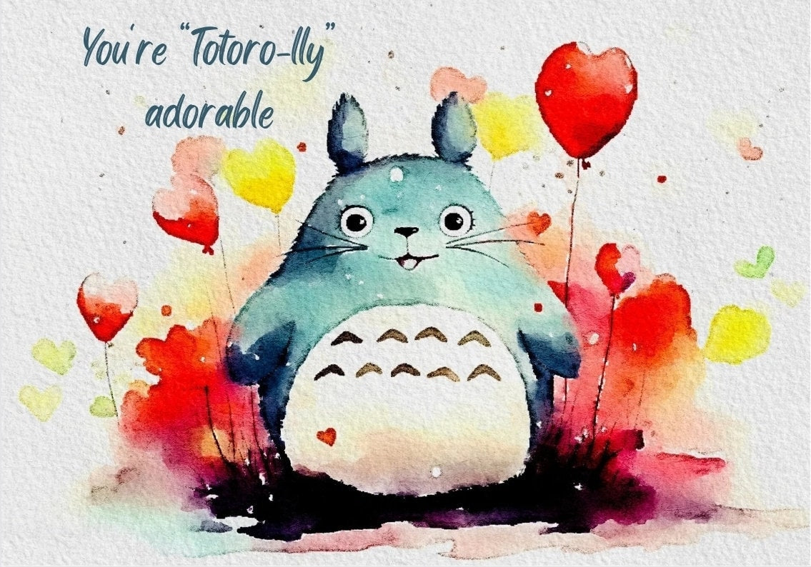 "Totoro" Love Heart Blank Greetings Card - Watercolour. Customisable. Valentine's Day. Birthday. Any Occasion. Studio Ghibli Fan Art