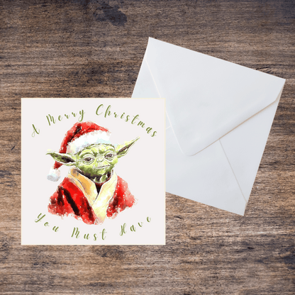 Watercolour Merry Christmas Blank Greetings Card - Star Wars Inspired, Yoda, Fan Art