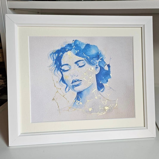 "Kintsugi" Inspired Watercolour Print with hand gilded Gold Leaf - "Portrait of a Woman"