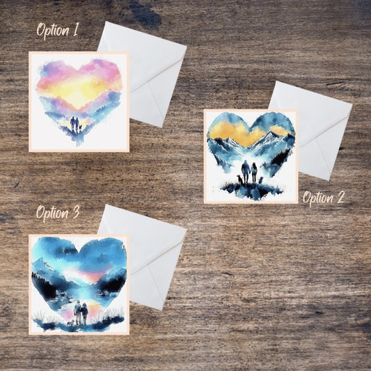 Couple Hiking with Dog, Original Watercolour, Hand Painted - Blank Greetings Card (3 options)