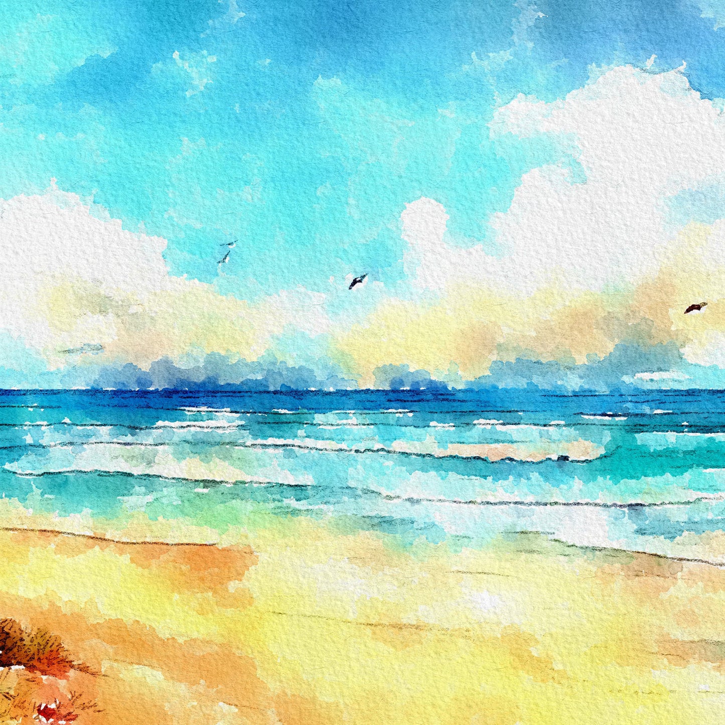 Seascape Framed/Unframed Wall Art - 16x16 inches - Watercolour Print