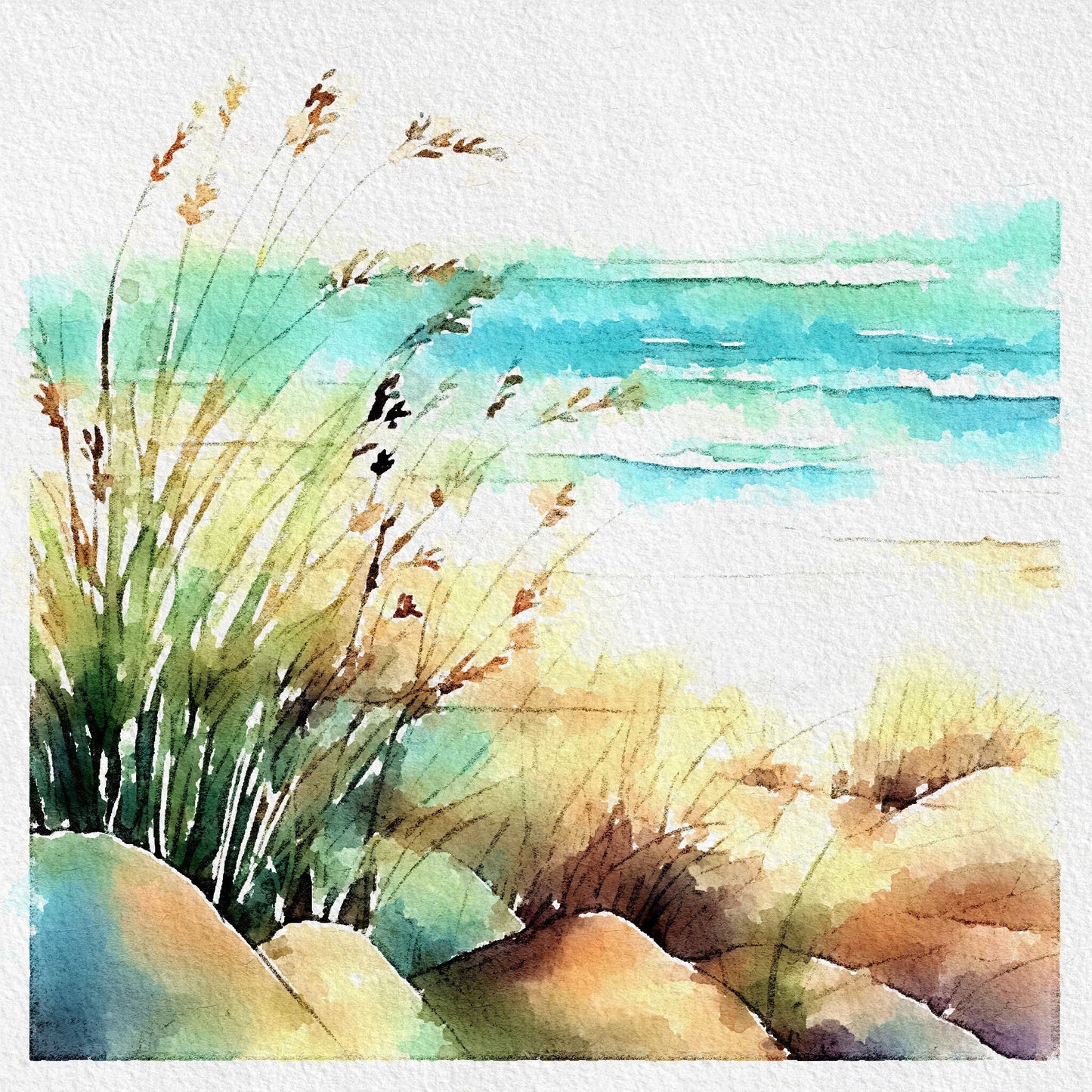 Seascape Framed/Unframed Wall Art - 16x16 inches - Watercolour Print